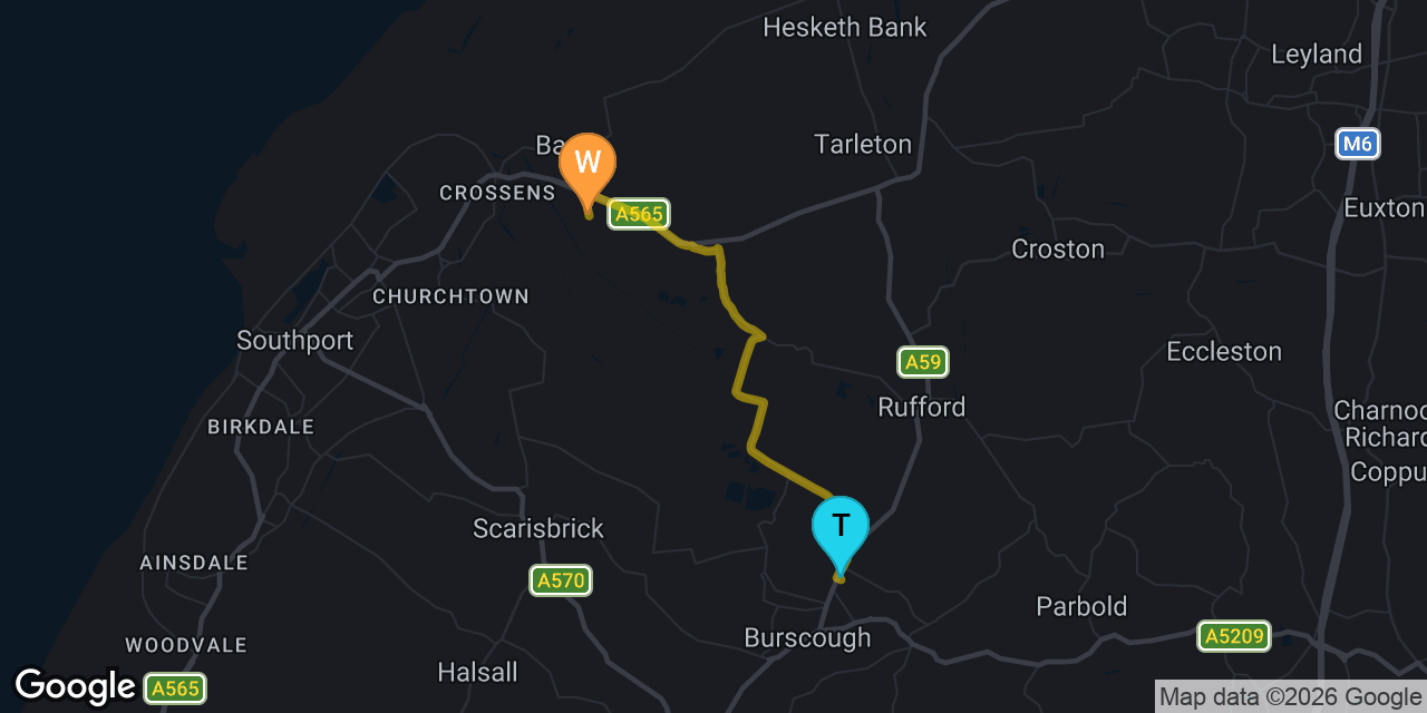 Map showing route from Burscough to our Banks workshop on Gravel Lane &mdash; approximately 14 minutes drive for iPad repair customers