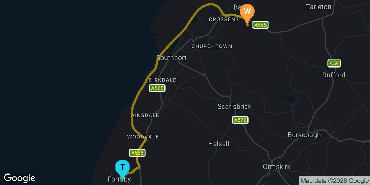 Map showing route from Formby to our Banks workshop on Gravel Lane &mdash; approximately 14 minutes drive for iPad repair customers