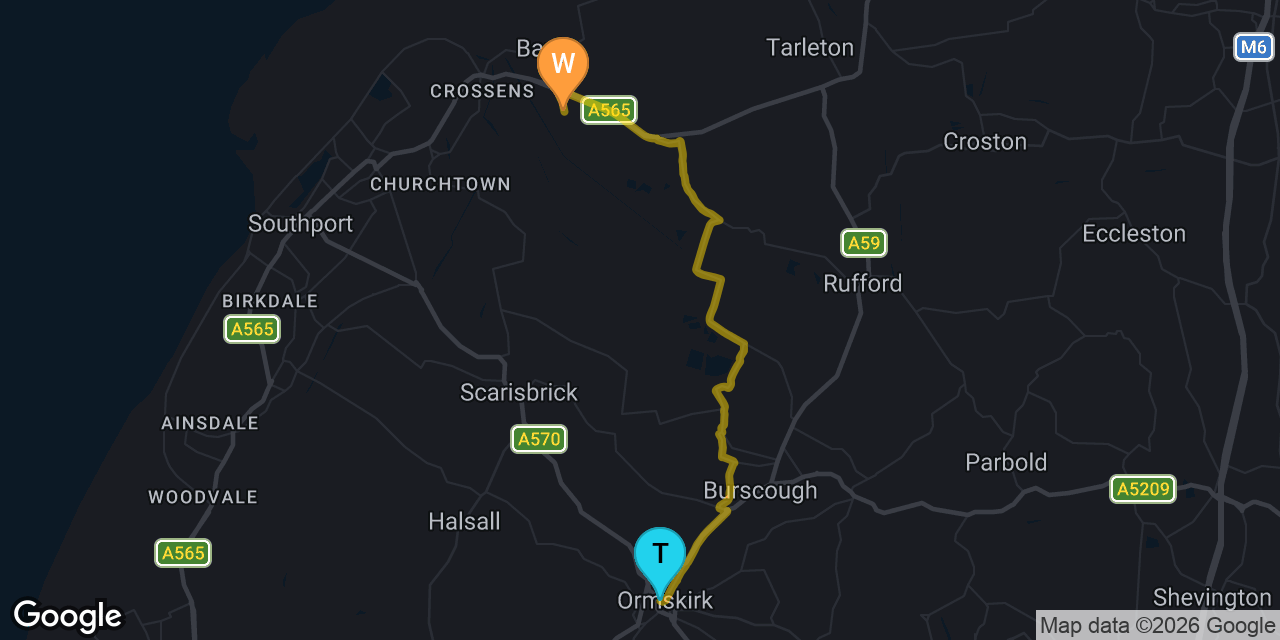 Map showing route from Ormskirk to our Banks workshop on Gravel Lane &mdash; approximately 20 minutes drive for iPad repair customers