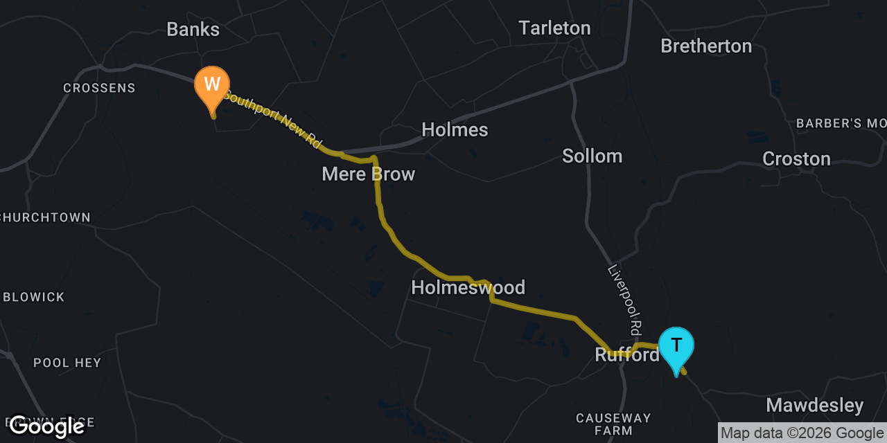Map showing route from Rufford to our Banks workshop on Gravel Lane &mdash; approximately 10 minutes drive for iPhone repair customers