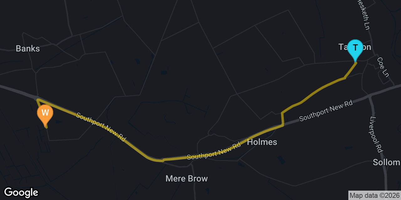Map showing route from Tarleton to our Banks workshop on Gravel Lane &mdash; approximately 5 minutes drive for iPad repair customers